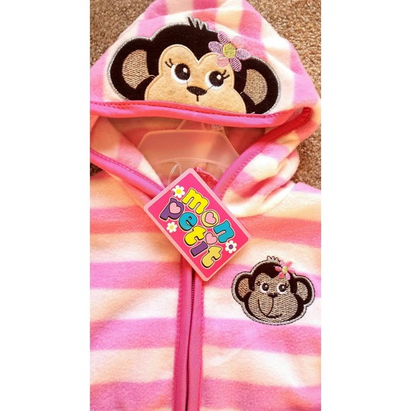 NWT Girl's Size 6-9 M Months 2P Mon Petit Pink Fleece Monkey Jacket & Pants Set - Picture 3 of 6
